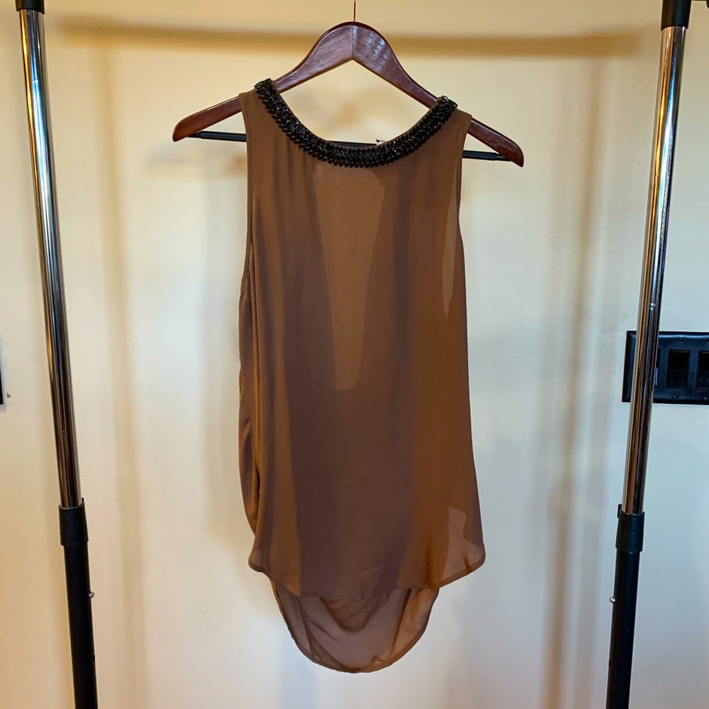 Brown blouse with black jeweled neckline